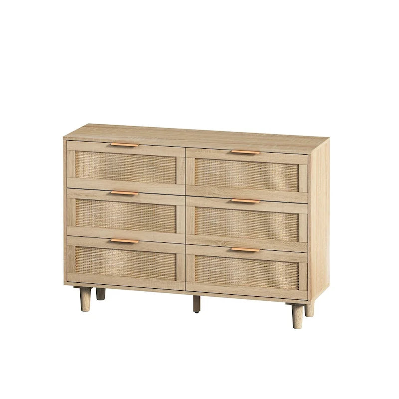 Commode en rotin à 6 tiroirs, finition naturelle avec poignées dorées