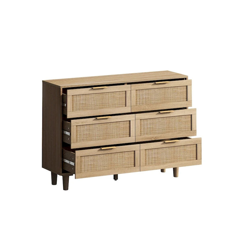 Commode en rotin à 6 tiroirs, finition naturelle avec poignées dorées