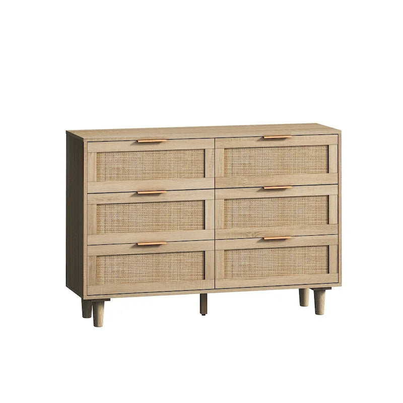 Commode en rotin à 6 tiroirs, finition naturelle avec poignées dorées