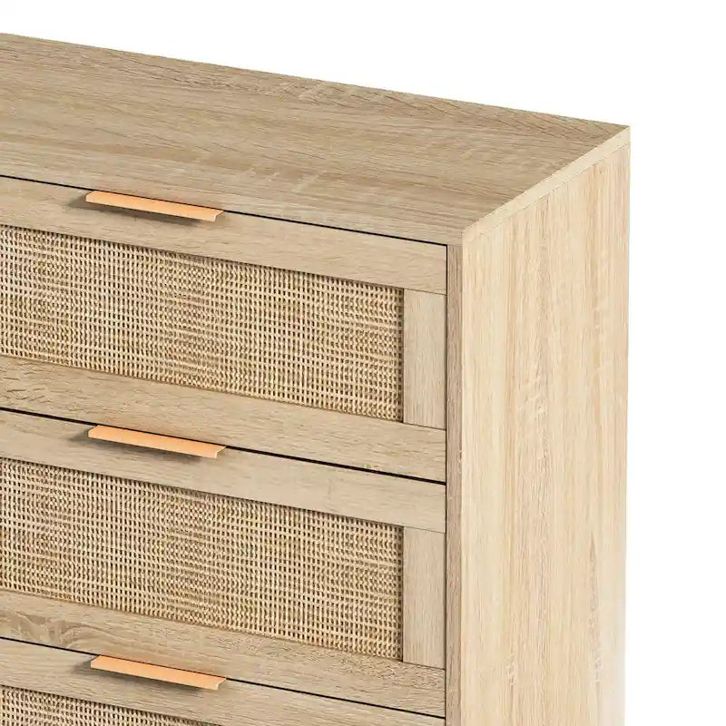Commode en rotin à 6 tiroirs, finition naturelle avec poignées dorées