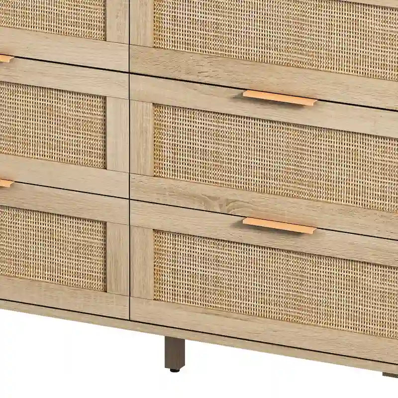 Commode en rotin à 6 tiroirs, finition naturelle avec poignées dorées