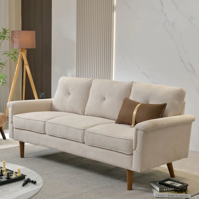 Canapé en tissu capitonné avec pieds en bois de style Mid-Century Modern, beige