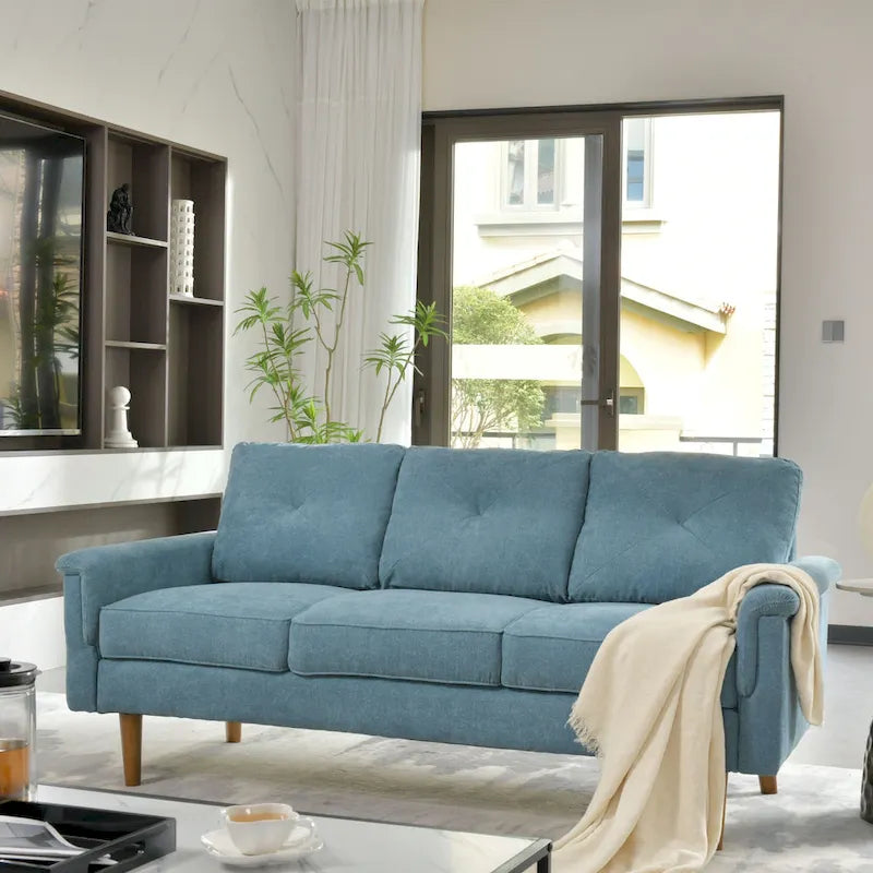 Canapé en tissu capitonné avec pieds en bois de style Mid-Century Modern, beige