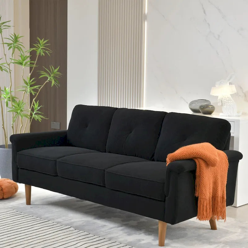 Canapé en tissu capitonné avec pieds en bois de style Mid-Century Modern, beige