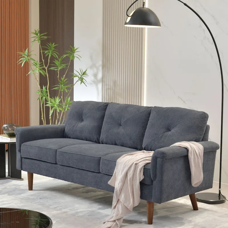 Canapé en tissu capitonné avec pieds en bois de style Mid-Century Modern, beige
