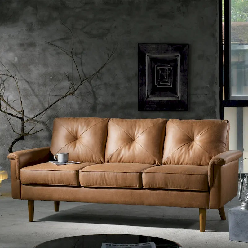 Canapé en tissu capitonné avec pieds en bois de style Mid-Century Modern, beige
