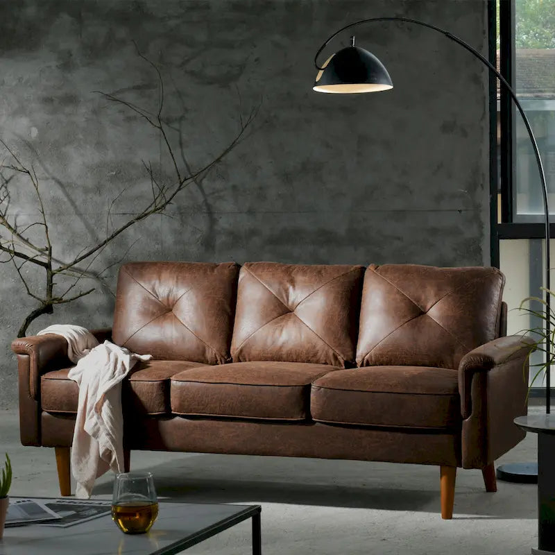 Canapé en tissu capitonné avec pieds en bois de style Mid-Century Modern, beige