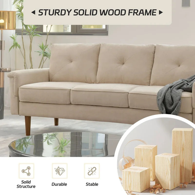 Canapé en tissu capitonné avec pieds en bois de style Mid-Century Modern, beige