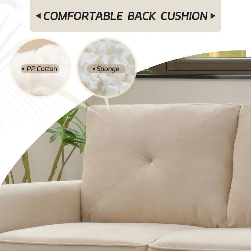 Canapé en tissu capitonné avec pieds en bois de style Mid-Century Modern, beige
