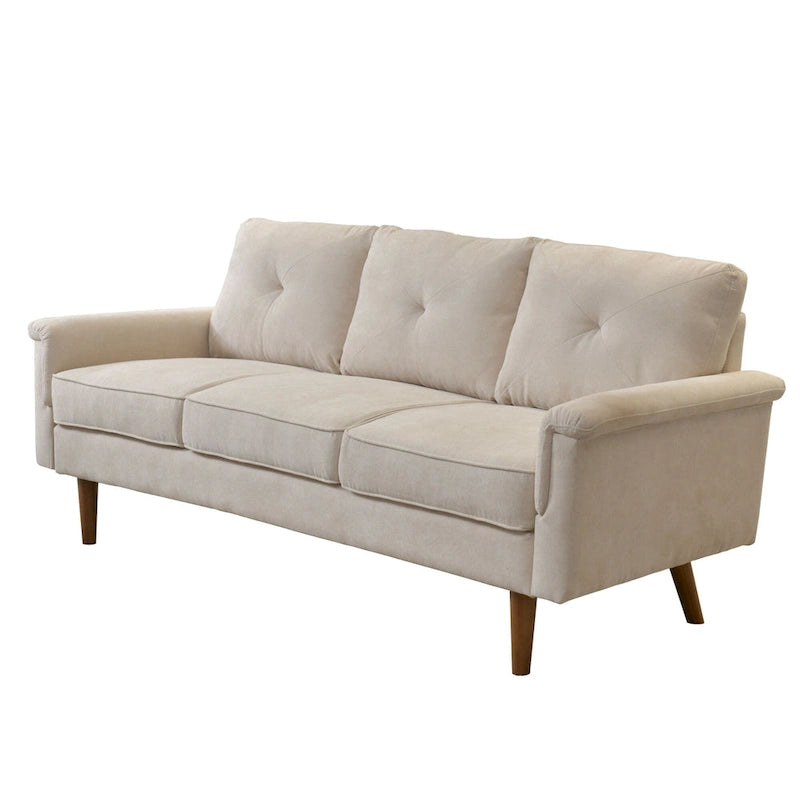 Canapé en tissu capitonné avec pieds en bois de style Mid-Century Modern, beige